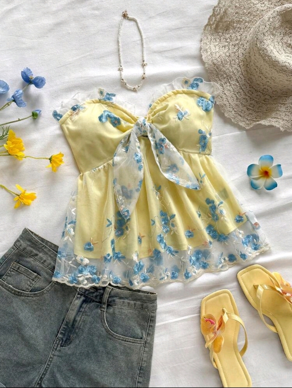 Yellow Floral Tie-Front Peplum Cami Top